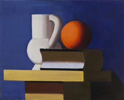 Stilleben med hvit krukke, appelsin og bok av Vilhelm Lundstrøm