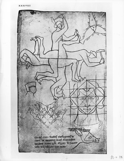 Faksimilekopi av Fr 19093 fol.19v Studier av menn og dyr av Villard de Honnecourt