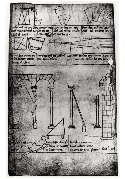 Ms.Fr.19093 fol.20v Geometriske figurer for konstruksjon, buer og mennesker som måler høyden på et tårn (faksimilekopi) av Villard de Honnecourt