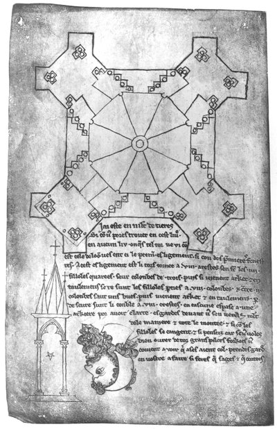 Ms 19093 fol.9v Faksimilekopi av en plan av tårnet til katedralen i Laon, hodet til en skjeggete mann og et gotisk vindu av Villard de Honnecourt