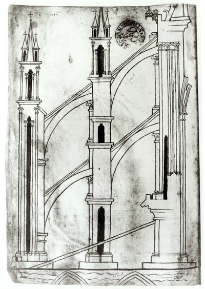 Fr 19093 f.32v Utsnitt av veggen og buen til absidialkapellene i Reims katedral (faksimilekopi) av Villard de Honnecourt