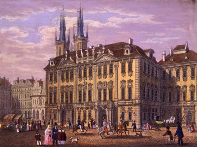 Goltz-Kinsky (Kinský)-palasset, Praha, 1847 (farget stålgravering) av Vincenc and Geissler, F. Morstadt