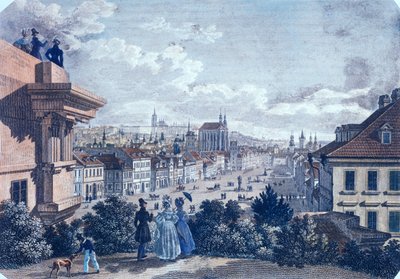 Hestemarked på Václavplassen, Praha, 1835 (farget stålgravering) av Vincenc and Geissler, F. Morstadt