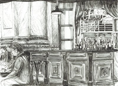 Cafe at the Royal Exchange, Manchester, 2011, (blekk på papir) av Vincent Alexander Booth