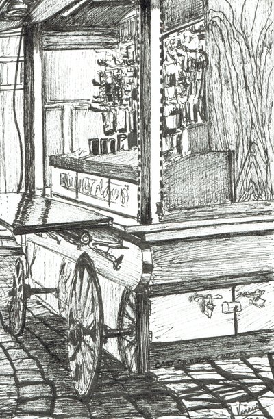Handlevogn utenfor Cheers Bar Boston USA, 2003, (blekk på papir) av Vincent Alexander Booth