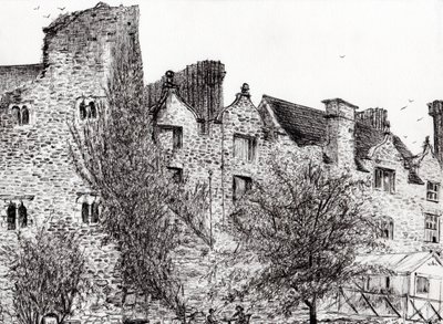 Slottsruin Hay on Wye, 2007, (blekk på papir) av Vincent Alexander Booth
