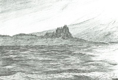 Duart Castle fra ferge;2007; (blekk på papir) av Vincent Alexander Booth