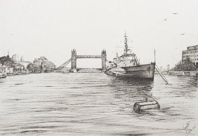 HMS Belfast ved Themsen London, 2006, (blekk på papir) av Vincent Alexander Booth