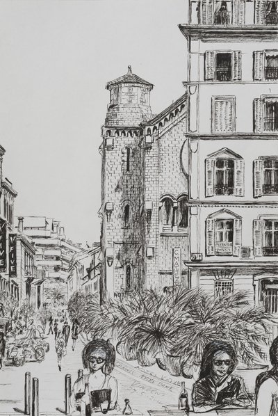 Hotel 5 og Notre Dame Cannes, 2014, (blekk på papir) av Vincent Alexander Booth