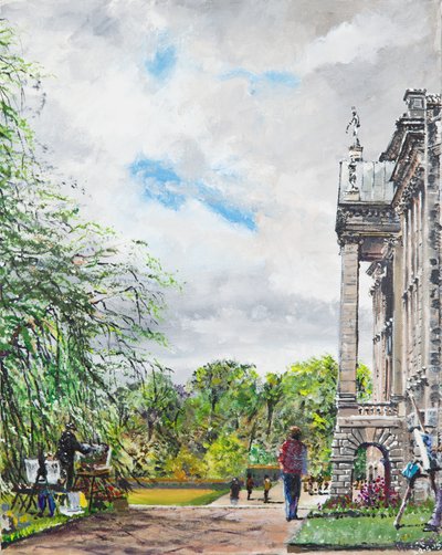 Lyme Park utsikt over hus og hager, 2015, (akryl på lerretstavle) av Vincent Alexander Booth