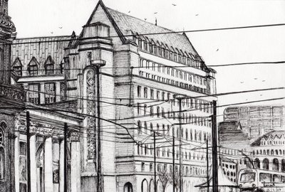 Manchester Town Hall, 2007, (blekk på papir) av Vincent Alexander Booth