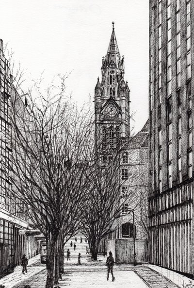 Manchester Town Hall fra Deansgate, 2007, (blekk på papir) av Vincent Alexander Booth
