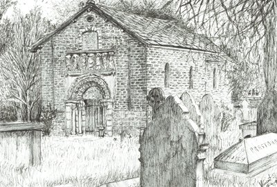 Old Church, Prestbury, 2009, (blekk på papir) av Vincent Alexander Booth