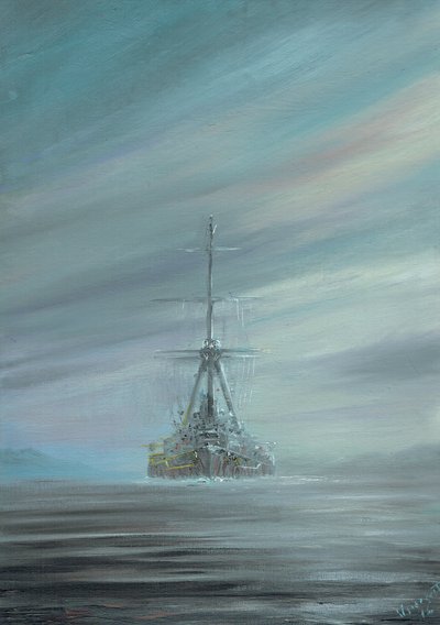 SMS Derfflinger Scapa Flow 1919, 2016, (oljeblekk på lerretstavle) av Vincent Alexander Booth