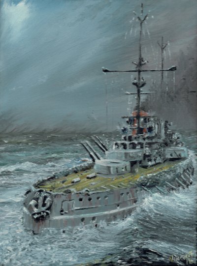SMS Friedrich der Grosse på Jylland 1916, 2016, (olje på lerretstavle) av Vincent Alexander Booth