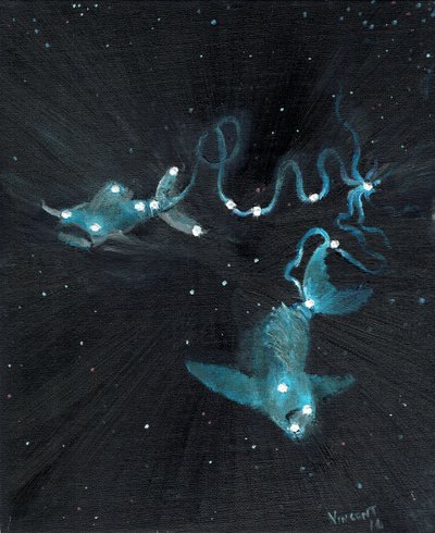 Stjernetegn Fiskene, 2016, (olje på lerretstavle) av Vincent Alexander Booth