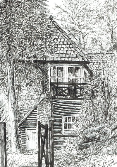 The Log House, 2019, (blekk på papir) av Vincent Alexander Booth