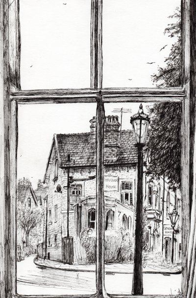 Utsikt fra Old Hall Hotel Buxton, 2009, (blekk på papir) av Vincent Alexander Booth