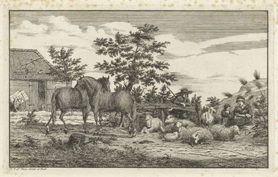 Hyrde med sittende kvinne og barn med sauer og to hester av Vincent Jansz. van der Vinne