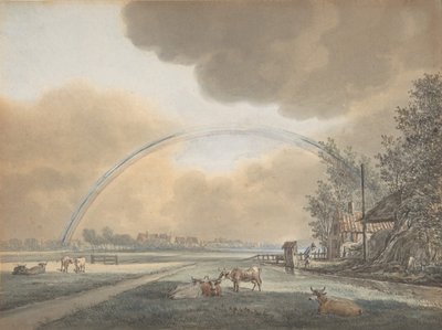 Landskap med en regnbue over et gårdshus og en fjern landsby, n.d. av Vincent Jansz. van der Vinne