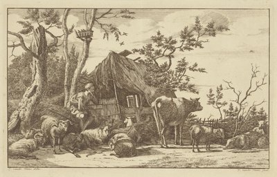Sittende gjeter med storfe foran en falleferdig låve av Vincent Jansz. van der Vinne