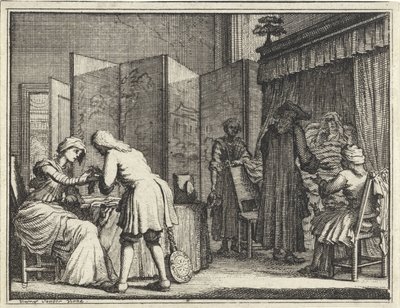 Figurer rundt en sykeseng og en lege som forbinder en kvinne av Vincent Laurensz. van der Vinne (II)