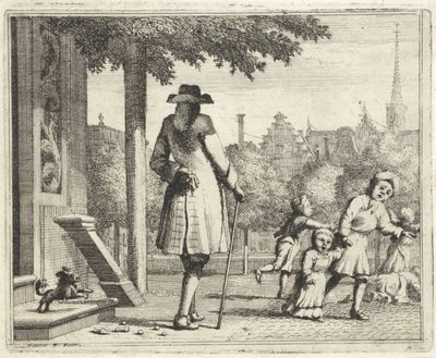 Hund bjeffer på en mann i en gate av Vincent Laurensz. van der Vinne (II)