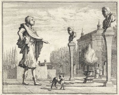 Mann med to hermes i formell hage av Vincent Laurensz. van der Vinne (II)