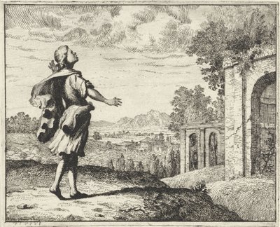 Mann i et landskap ser opp til himmelen av Vincent Laurensz. van der Vinne (II)