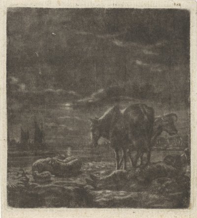 Nattlandskap med sovende gjeter og storfe av Vincent Laurensz. van der Vinne (II)