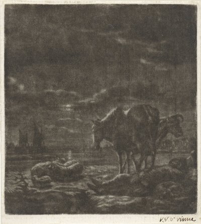 Nattlandskap med sovende gjeter og storfe av Vincent Laurensz. van der Vinne (II)