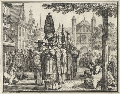 Prosesjon med en statue gjennom en gate av Vincent Laurensz. van der Vinne (II)