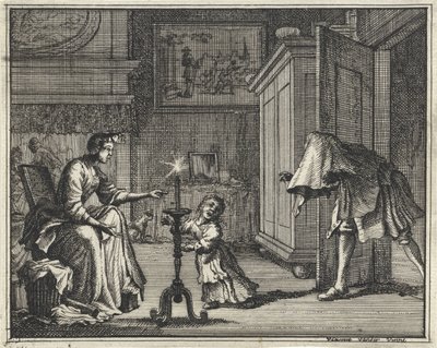 Far skremmer et barn i et interiør av Vincent Laurensz. van der Vinne (II)