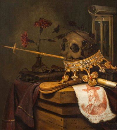 Et Vanitas stilleben med hodeskalle, krone, septer, fløyte, belg, timeglass, nelliker i en glassvase, rulle, bok og et gravert portrett av Charles I av Vincent Laurensz van der Vinne