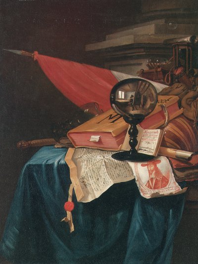 Vanitas stilleben med kunstneren ved staffeli reflektert i en krystallkule av Vincent Laurensz van der Vinne