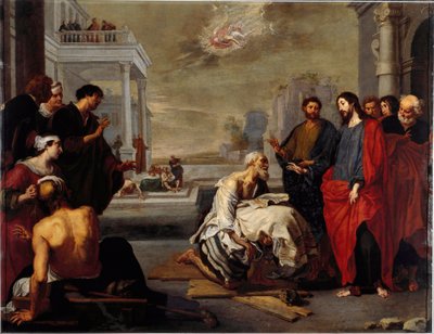 Jesus bekymret mirakuløst en lammet ved Capharnaum Painting av Vincent Malo (ca. Genes, Nasjonalgalleriet i Palazzo Spinola Italia av Vincent Malo