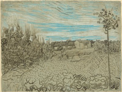 Hytter med en kvinne som jobber i mellombakken av Vincent van Gogh