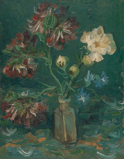 Flaske med peoner og delphinium. 1886 av Vincent van Gogh