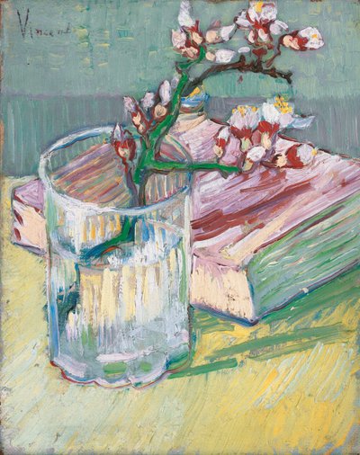 Blomstrende mandelgren i et glass med en bok, 1888 av Vincent van Gogh