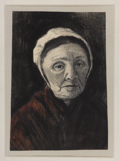 Hodet til en gammel kvinne i en Scheveninger-hette, 1882-83 (kull, svart og brunt kritt på papir) av Vincent van Gogh