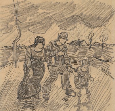 Par med barn på en gate i regnet. 1890 av Vincent van Gogh