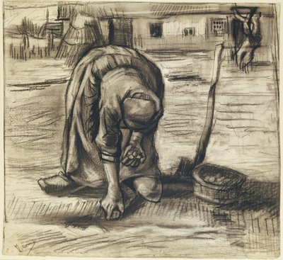 Bondekvinne som planter poteter, ca. 1885 (svart kritt og kull på papir) av Vincent van Gogh