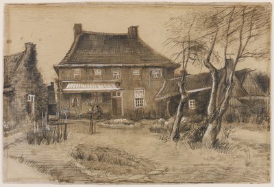 Prestegården i Neunen: Sett fra baksiden, med kunstnerstudioet til høyre, ca. 1884 (grafitt, penn og brunt blekk, brun vask, forsterket med hvitt på vevd papir) av Vincent van Gogh