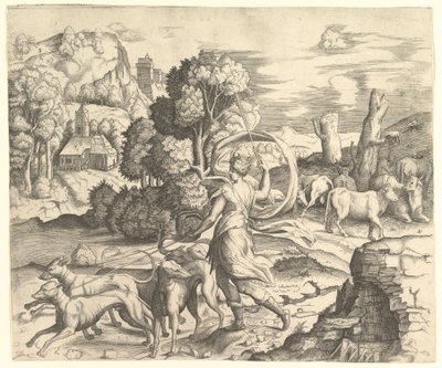 Jegerinnen Diana i et landskap, ca. 1530-42. av Vincenzo Caccianemici