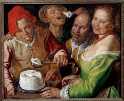 Ricotta Eaters Karakterer med uttrykksfulle og groteske ansikter som spiser ost med øse. Maleri av Vincenzo Campi (1536-1591) av Vincenzo Campi