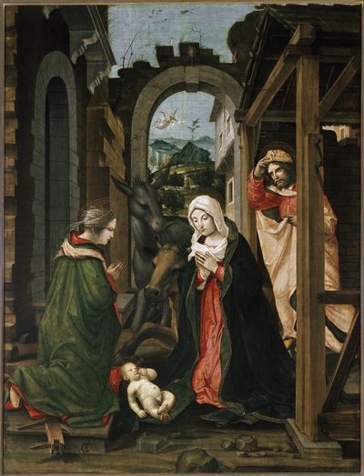 Fødsel med St. Katarina av Alexandria (olje på panel av Vincenzo Civerchio