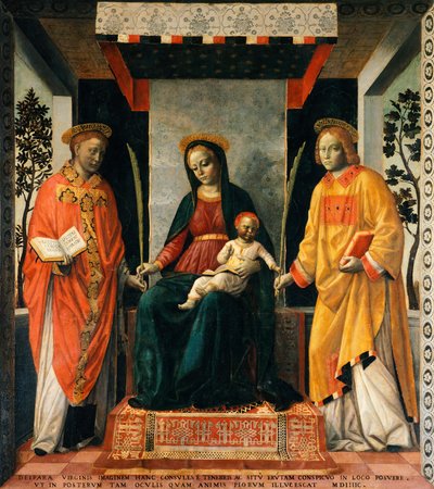 Madonna og barn mellom St. Faustinus og St. Jovita, av Vincenzo Foppa (ca 1427-ca 1515), Tempera på lerret, 205x226 cm av Vincenzo Foppa