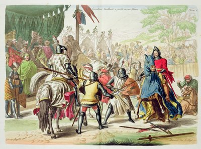 Knights Dueling on Foot in a Tournament, plate 1 fra The History of the Nations, gravert av G. Lago av Vincenzo Gazzotto