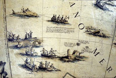 Hvalfangst i Stillehavet. Detalj av en Coronelli-klode fra 1600-tallet. av Vincenzo Maria Coronelli