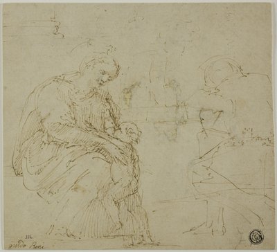 Skisser av jomfru og barn, sittende figur og landskap av Vincenzo Tamagni